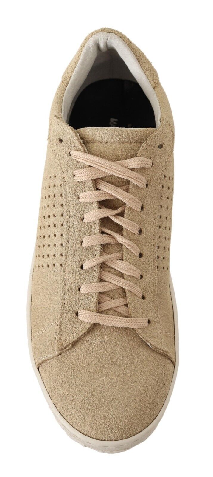 La Scarpa Italiana Beige Suede Perforated Lace Up Sneakers Shoes - Fizigo