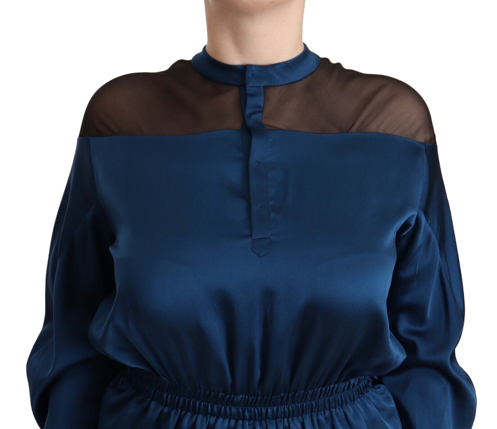 Masha Ma Blue Silk Long Sleeves Elastic Waist Top Blouse - Fizigo