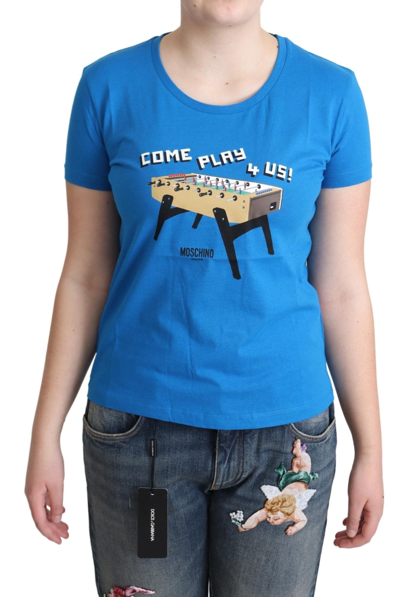 Moschino Blue Cotton Come Play 4 Us Print T-shirt - Fizigo