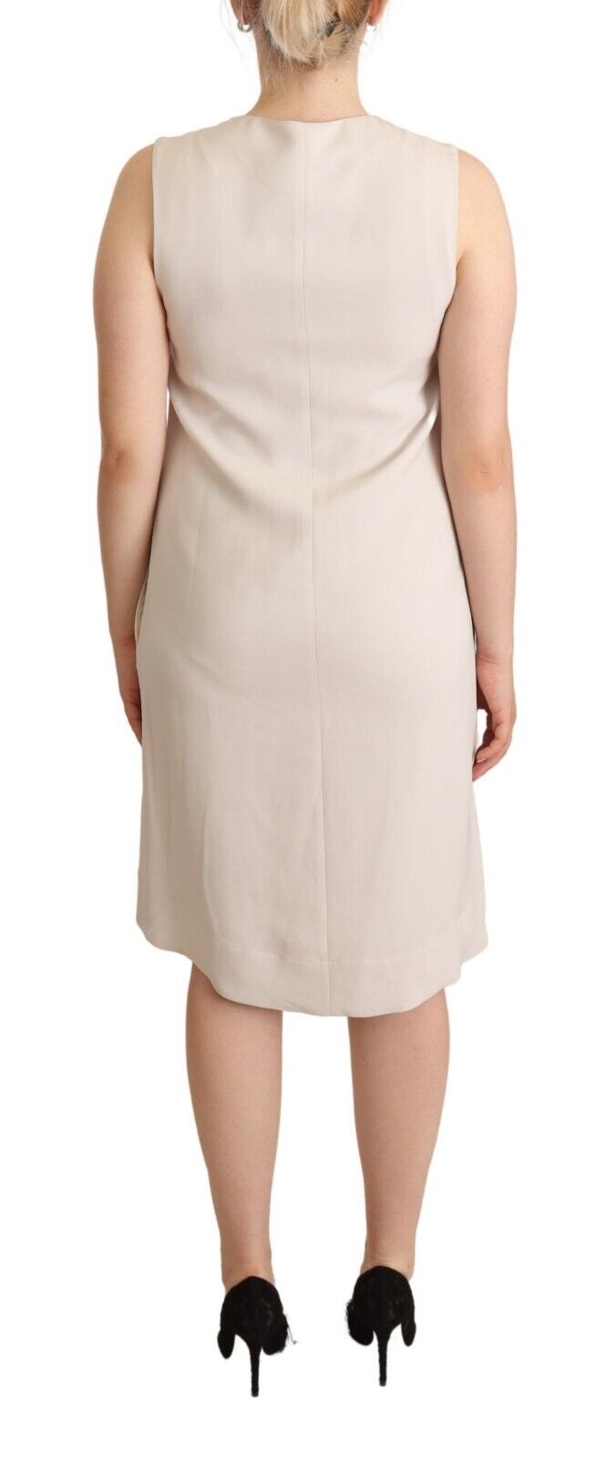 Peserico Beige Sleeveless Round Neck Knee Length Shift Dress - Fizigo