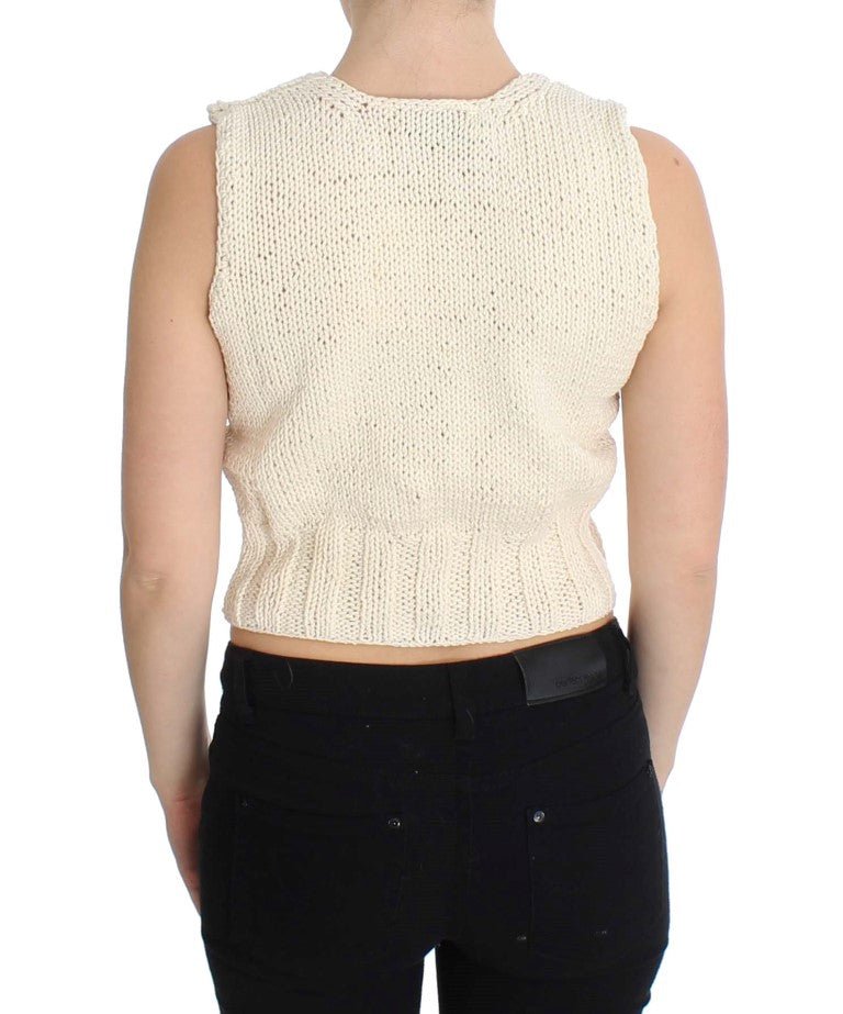 PINK MEMORIES Beige Cotton Blend Knitted Sleeveless Sweater - Fizigo